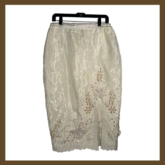 Unbranded Dresses & Skirts - Vintage Ivory Beaded Organza Skirt Butterfly Embroidery Appliqué Midi M/L 90s